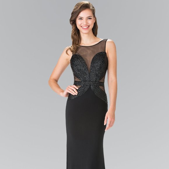 NEW LONG MERMAID EMBROIDERED BEADS GOWN WITH HIGH NECKLINE & ZIPPER BACK GL2234 - Picture 3 of 10